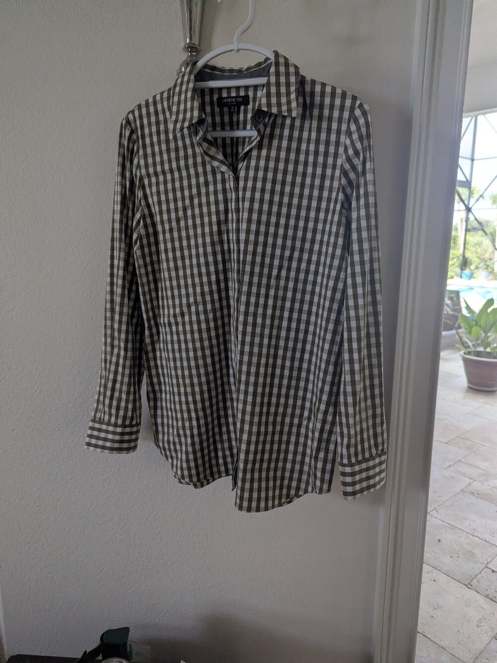 Lafayette 148 New York Green & White Gingham Button-Up Blouse